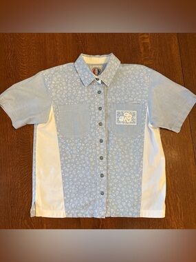 90s Greenline Sport Light Blue Skater-Style Button -Up Shirt with White Accents